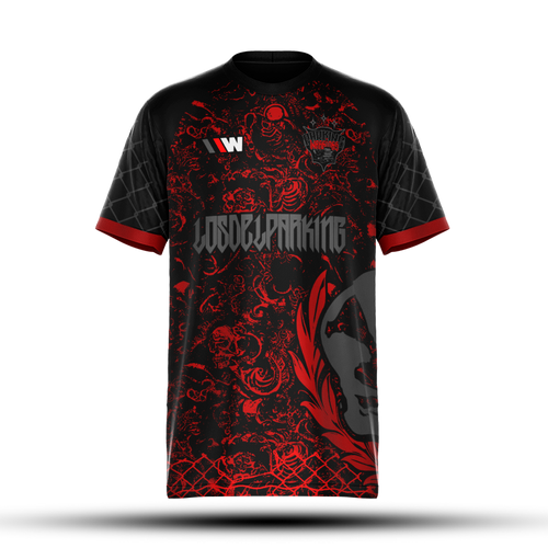 camiseta de fútbol losdelparking negra y roja de parking warriors, vista delantera