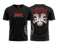 camiseta hardcore warrior negra con diseño en rojo y blanco, diseño delantero y trasero