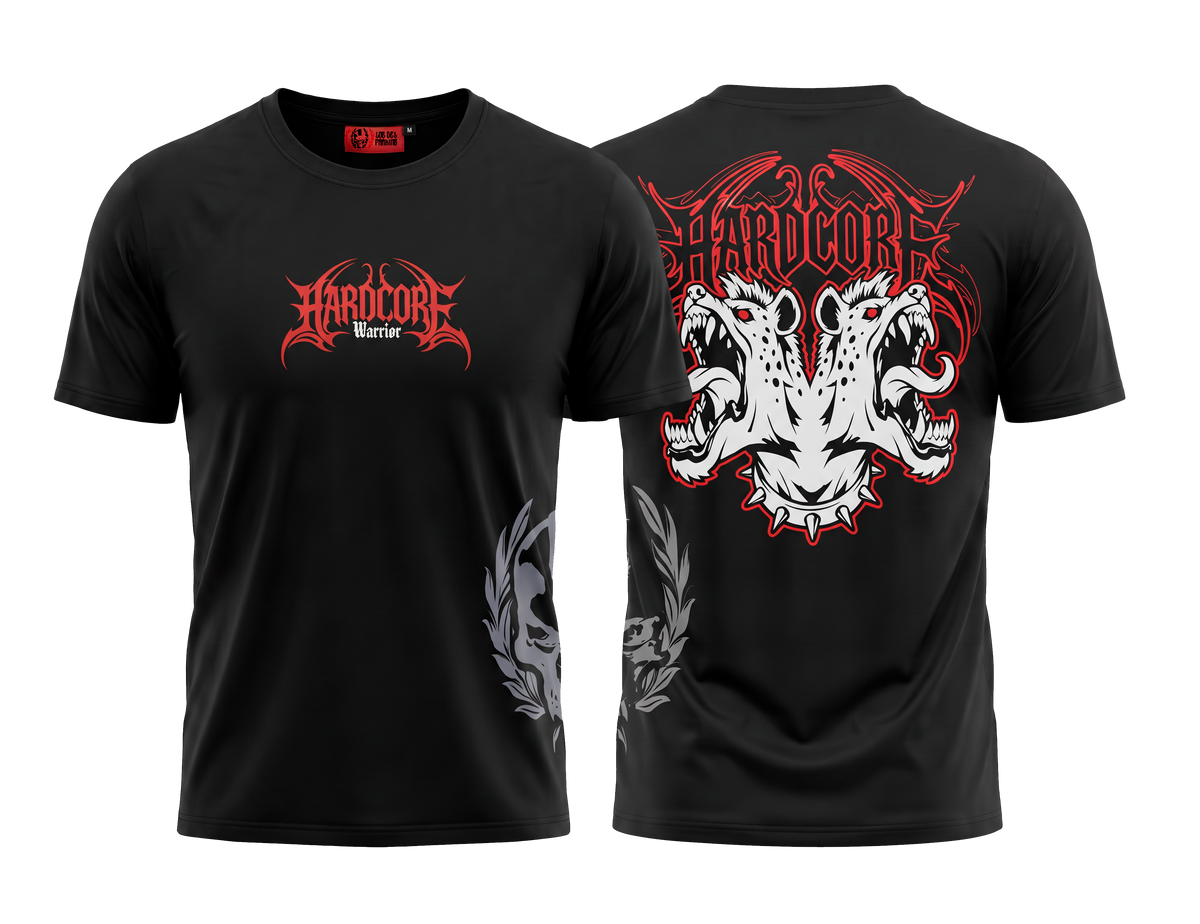 camiseta hardcore warrior negra con diseño en rojo y blanco, diseño delantero y trasero