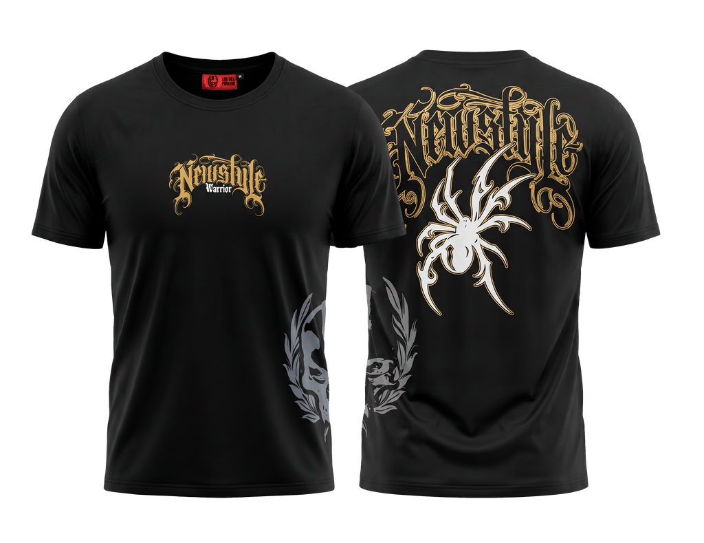 camiseta newstyle warrior negra con diseño en dorado y blanco, diseño delantero y trasero