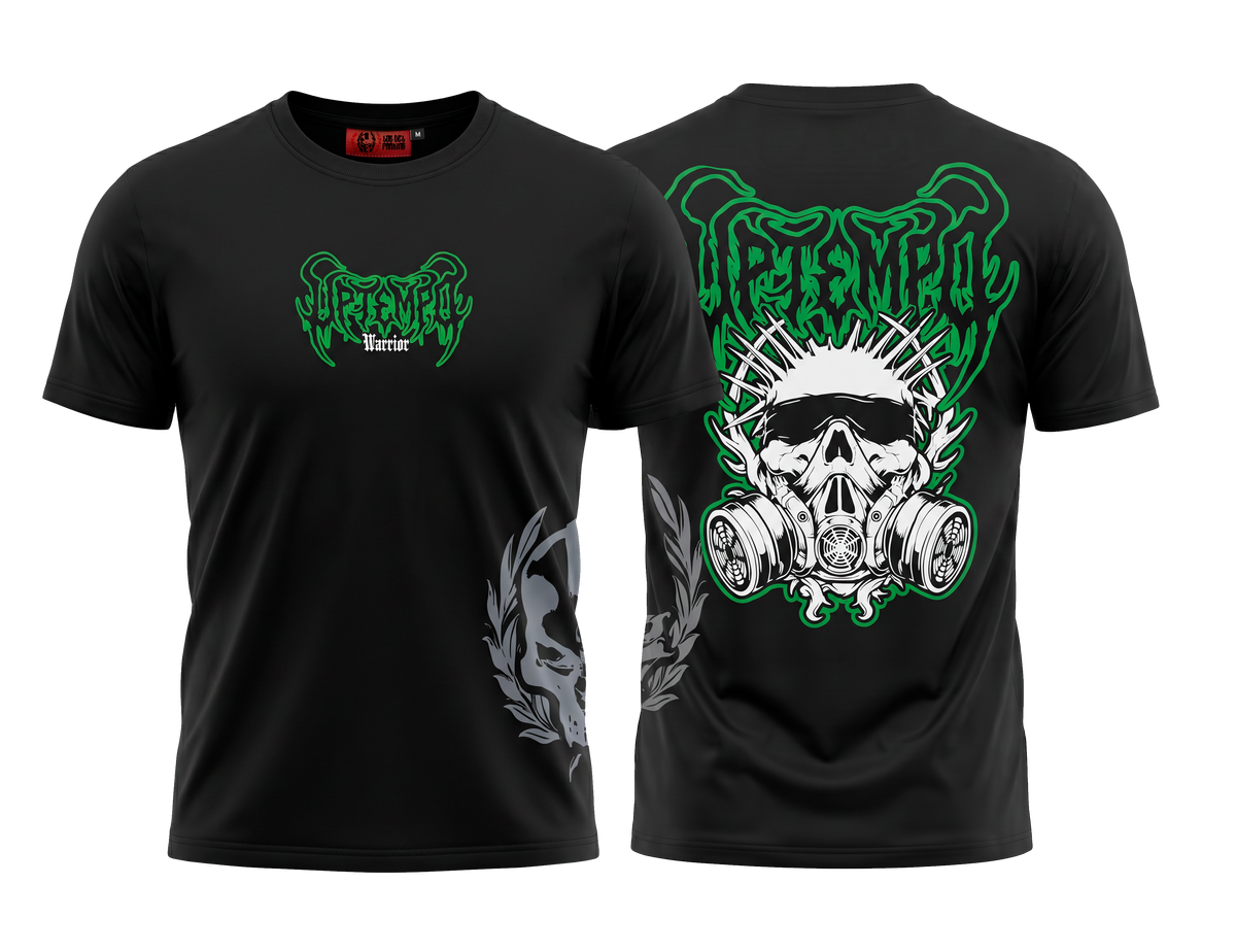 camiseta uptempo warrior negra con diseño en verde y blanco, diseño delantero y trasero