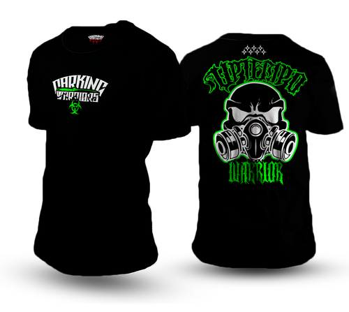 camiseta uptempo warrior de parking warriors con calavera y máscara de gas, diseño delantero y trasero