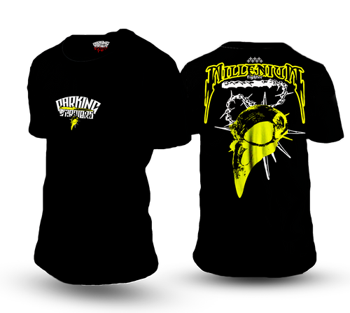 camiseta millenium de parking warriors, diseño delantero y trasero en amarillo